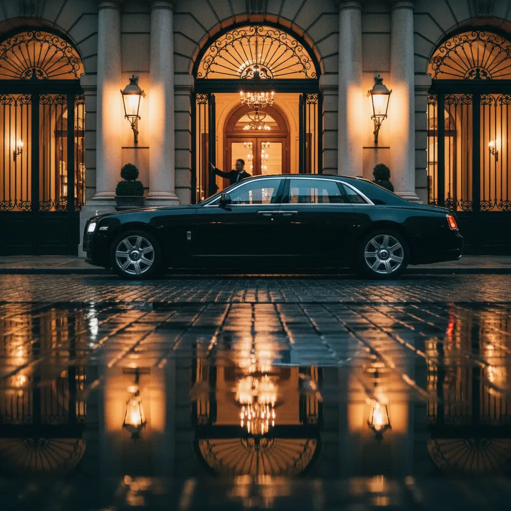 The lit entrance of a grand hotel at night with a car at the kerb