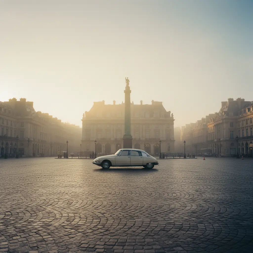 A Paris square in early morning mist