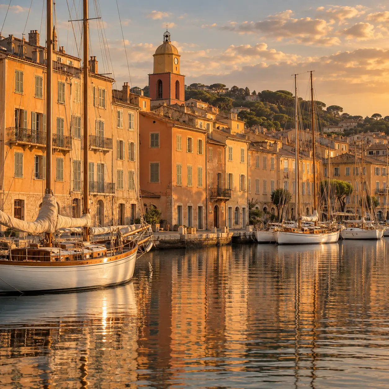 Sailing yachts moored in the harbour of Saint-Tropez at golden hour, ochre and terracotta façades behind