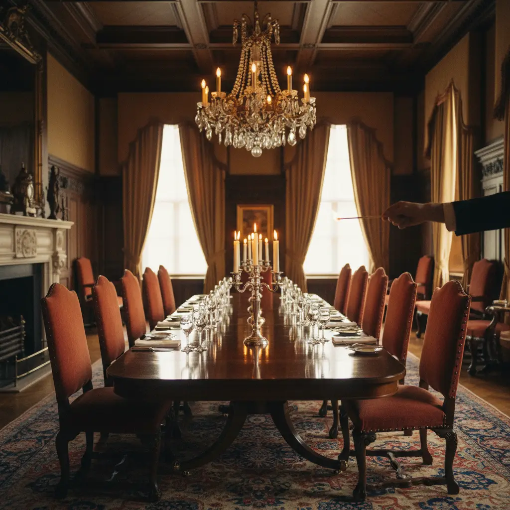 A long candlelit dinner table in a panelled room